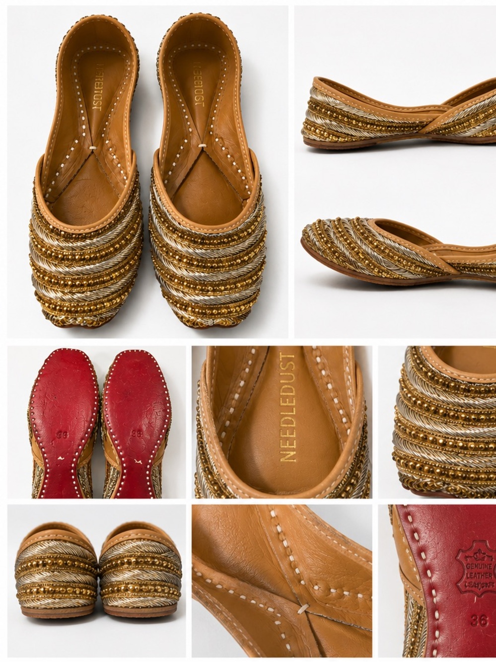 Needledust Gold Beaded Jutti Flats - Gold